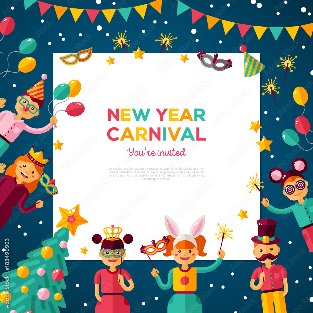 Children New year carnival party with square frame