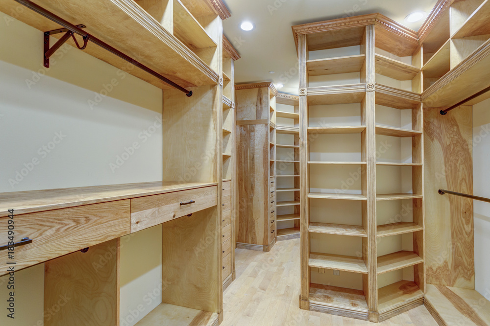 Large walk-in closet lined with built-in drawers