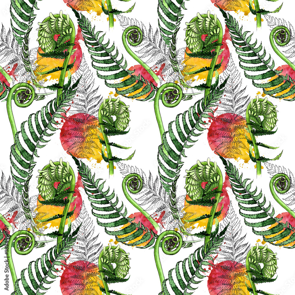 Tropical fern leaves pattern in a watercolor style. Aquarelle wild flower for background, texture, wrapper pattern, frame or border.