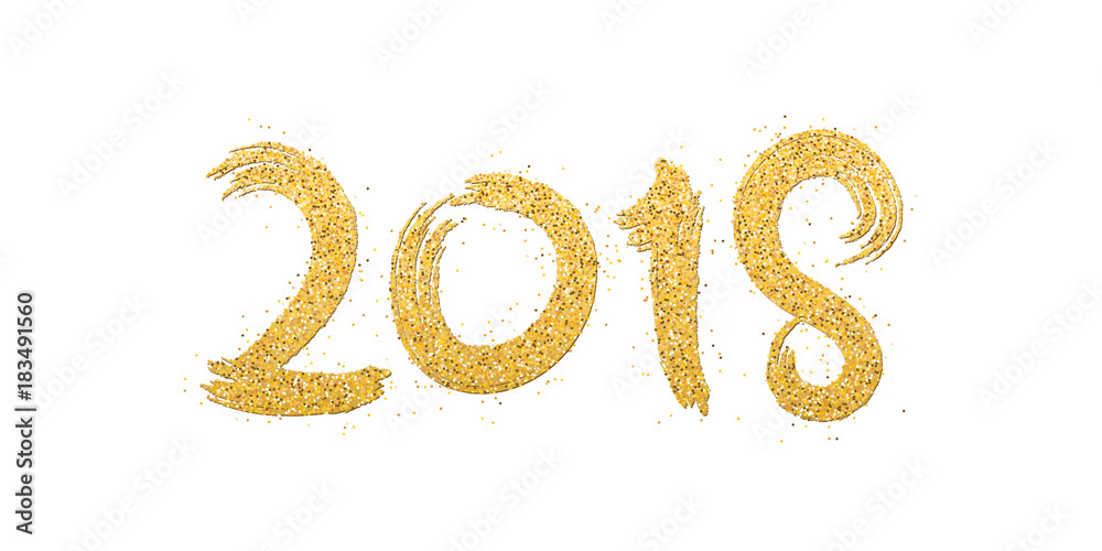 Happy new year 2018. Numbers of golden glitters on a white background. Gold sand. Abstract background for the banner. Brush in grunge style. Vector