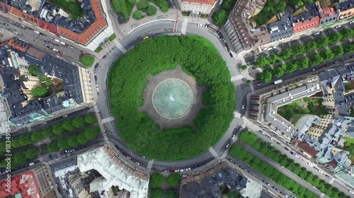 Aerial of the Karlaplan Park, Square and Fountain, in the city of Stockholm, Sweden. photo