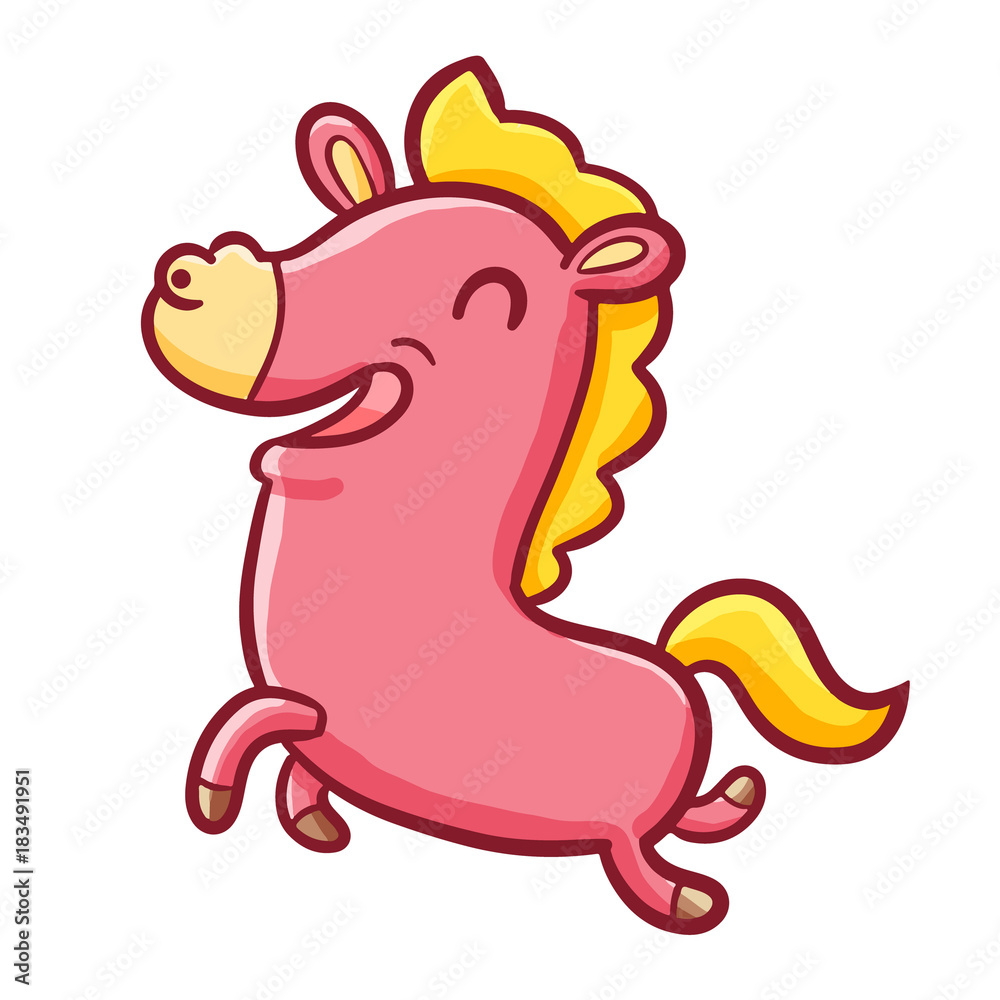 Funny and cute red pink horse with yellow hair - vector.