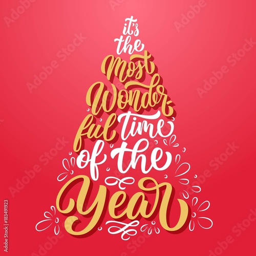 Custom lettering It's the most wonderful time of the year in Christmas fir tree silhouette illustration, on festive red background. Vector holiday poster design.