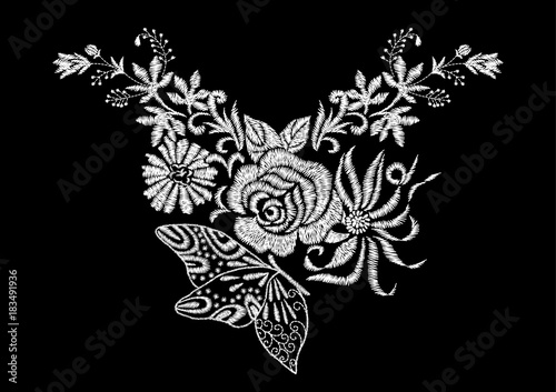 abstract flower with rose and butterfly embroidery artwork design for neckline clothing, isolated vector on black background