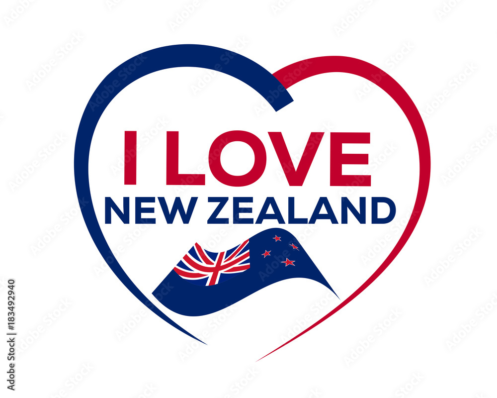 I love new zealand with outline of heart and flag of new zealand, icon design, isolated on white background.