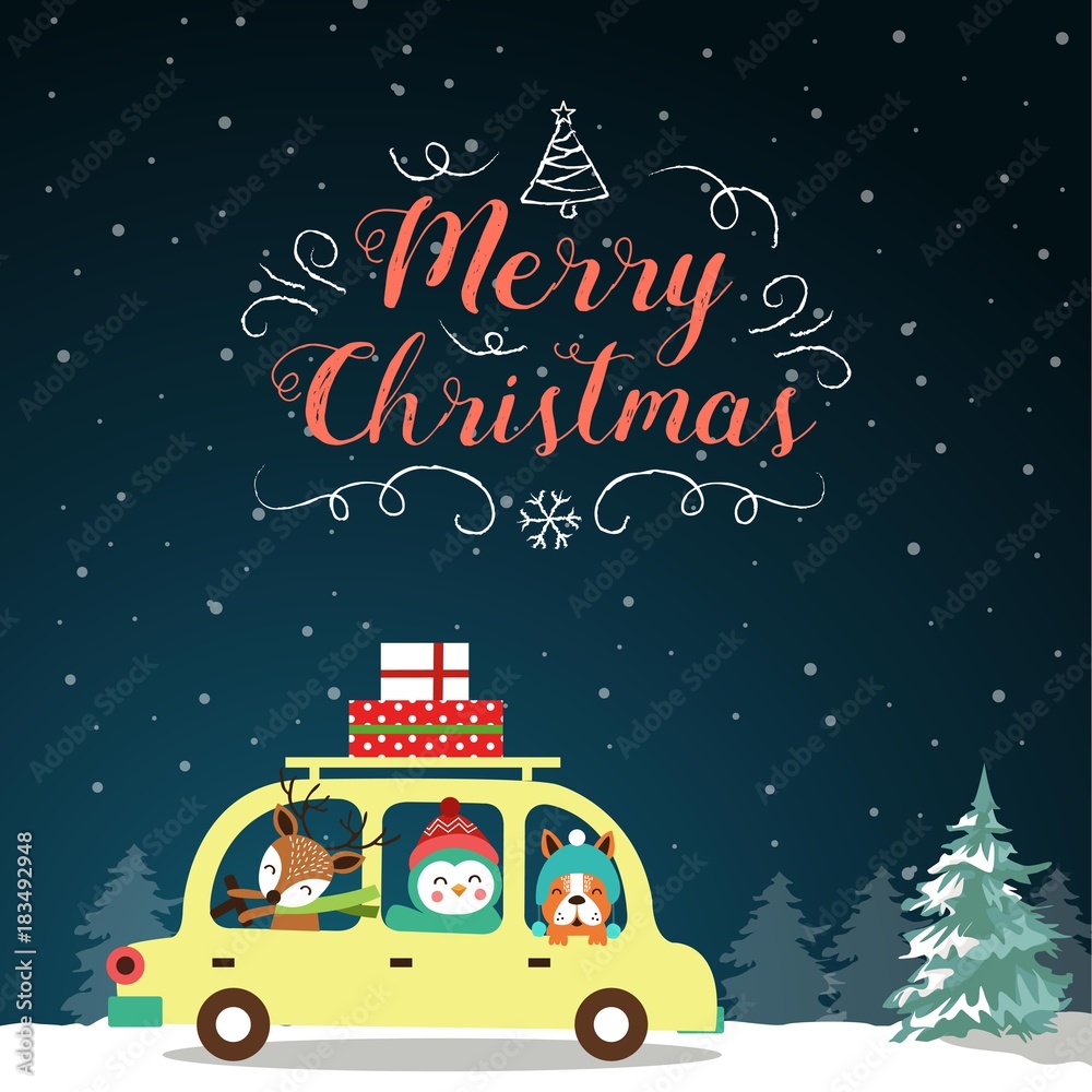 Vector Christmas background with cartoon christmas characters. Vector