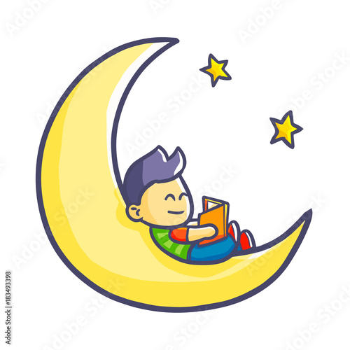 Cute and funny boy reading on the moon - vector.