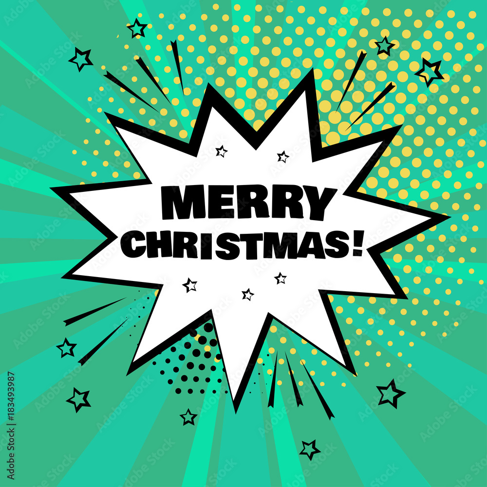 White comic bubble with MERRY CHRISTMAS word on green background. Comic sound effects in pop art style. Vector illustration. White comic bubble with MERRY CHRISTMAS word on green background. Comic sound effects in pop art style. Vector illustration.