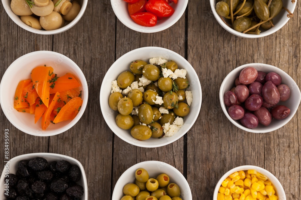 Overhead view of various food in bowl