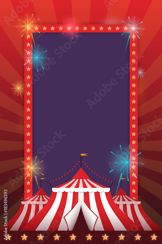 Vector template for holiday with a tent and fireworks. Carnival and fun.