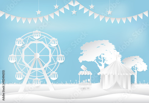 Amusement park with Ferris wheel and Circus pavilion paper art style