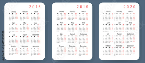 Pocket calendar template 2018, 2019, 2020, Monday