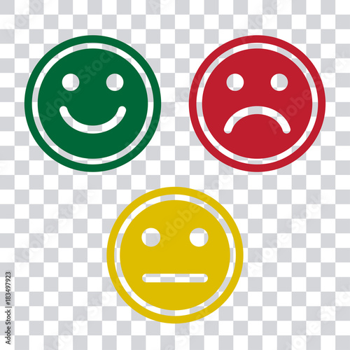 Green, red and yellow face icons on transparent background. Positive, negative and neutra mood. Vector illustration