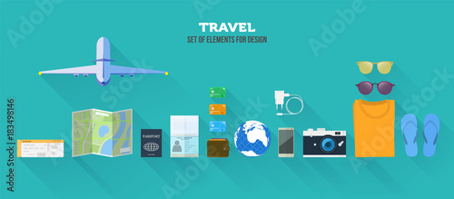 A set of elements for travel and vacations. Vector illustration