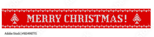 Congratulations on Christmas and New Year. Text on a red background in the form of a ribbon with a knitted fabric texture. Flat vector cartoon illustration. Objects isolated on white background.