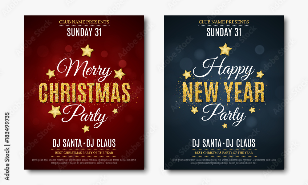 Set posters for Christmas and New Year party. Invitation card. The text is made of gold glitters. Red and blue backgrounds with glare bokeh. The names of the DJ and club. Gold stars. Vector