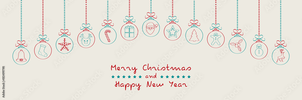 Naklejka premium Merry Christmas - wishes with different hand drawn baubles. Vector.