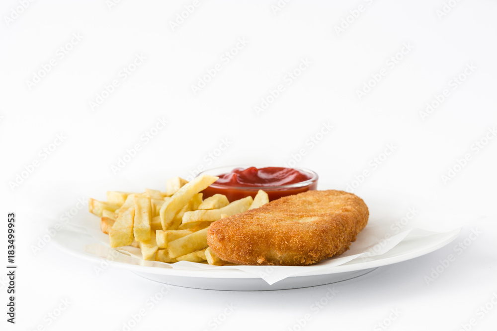 Traditional British fish and chips isolated on white background
