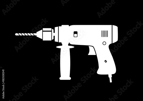 White drill vector icon on black background