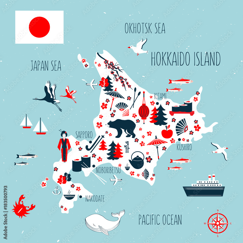 Japan cartoon travel map vector illustration, Hokkaido island, japanese symbols blossom sakura, cranes, decorative umbrella, kimono, traditional food sushi, bamboo, flag for design tourism advertising - obrazy, fototapety, plakaty 