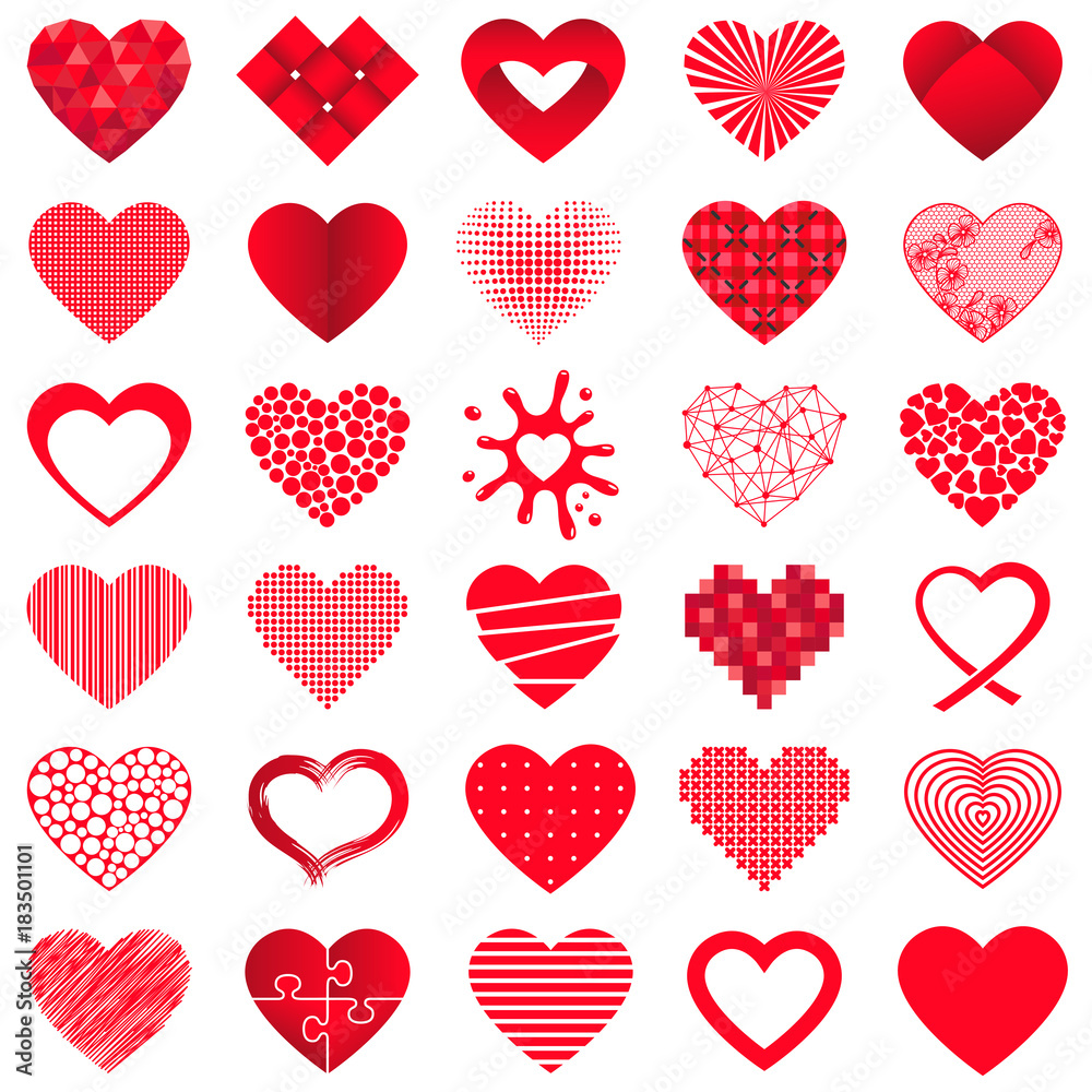 Set of 30 valentine hearts in different styles. Vector illustration.