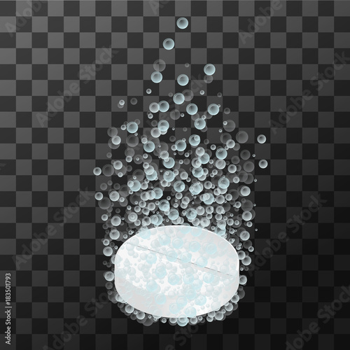 Round-shaped soluble tablet on the transparent background. Aspirin pill with bubbles dissolving in water. Medicine and drugs.