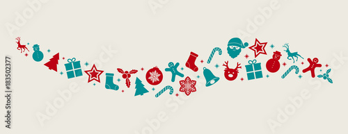 Panoramic Christmas banner with decoration in retro style. Vector.