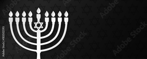 Concept of banner for Hanukkah with silver menorah on black background. Vector.