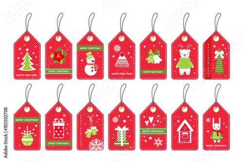 Set of Merry Christmas gift red tags with party items . Vector paper labels . Flat style .