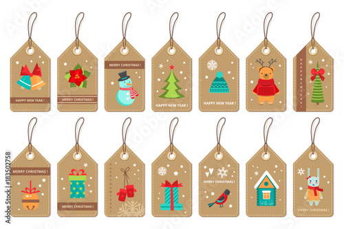 Set of christmas paper labels . Flat style vector .