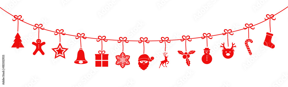 Christmas garland with red hanging icons. Vector.