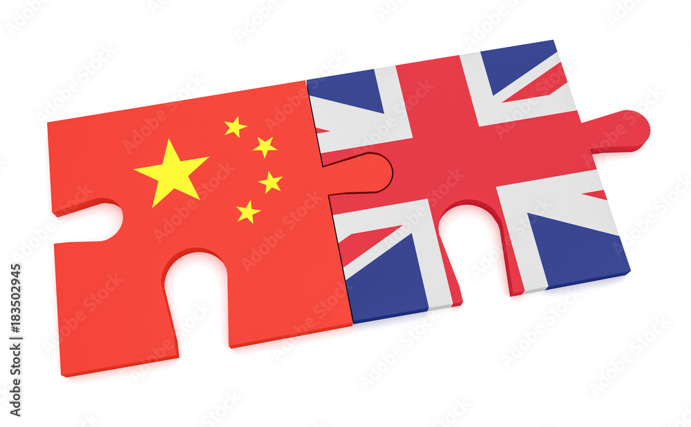 China Great Britain Partnership Concept: Chinese Flag And UK Flag Puzzle Pieces, 3d illustration isolated on white background