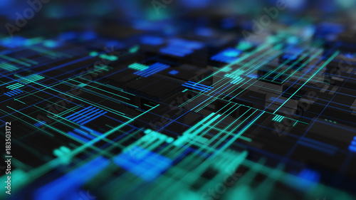 Abstract high tech digital technology background made of particles and metallic plates. 