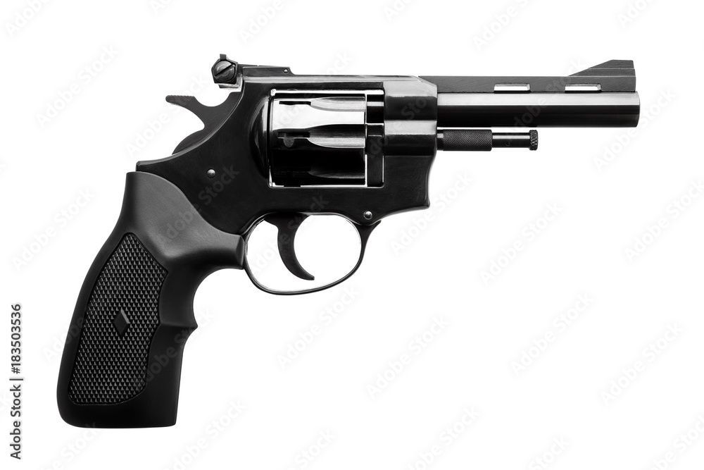 Black pistol revolver isolated on white