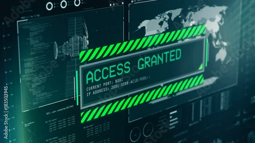 Access granted green message on screen, system login, satellite security checkup. Program interface with access granted message, system login