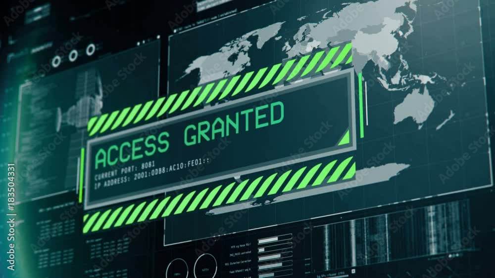 Authorization process, access granted green message on screen, system login. Program interface with access granted message, system login