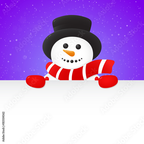 Smiley Snowman on purple background with snowflakes holding a card with copyspace. Vector.