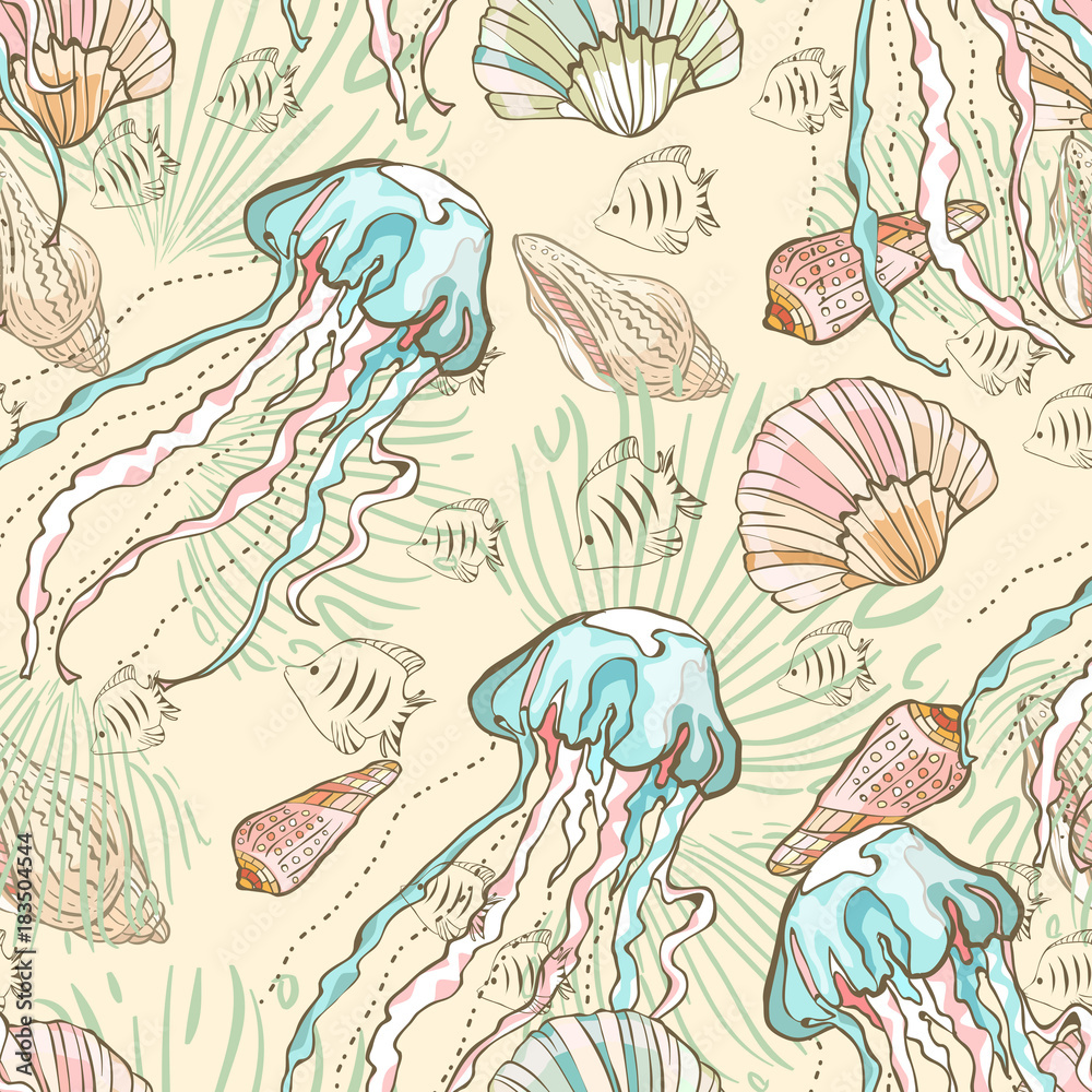Seamless pattern with hand drawn shells, jellyfishes little fishes on yellow background