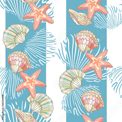 Seamless pattern with hand drawn stars and shells. Vertical endless stripes.
