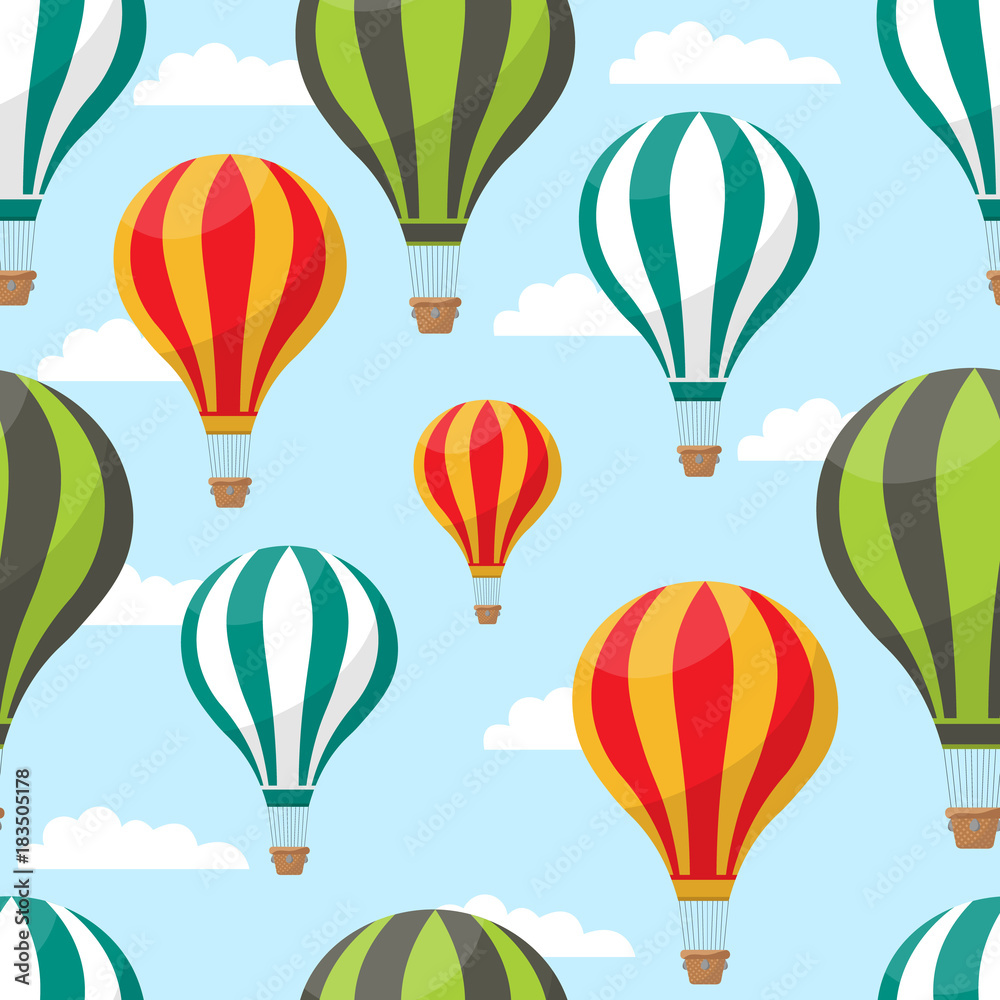 Fototapeta premium Cartoon hot air balloons in blue sky vector seamless pattern for air travel concept. Illustration of striped air balloon pattern for your web design.