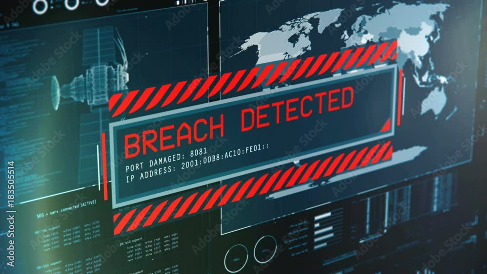 Red code alert message, breach detected, satellite control system compromised. Emergency alert message on screen, hacking in progress