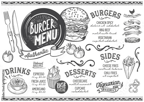 Burger menu restaurant, food template.
