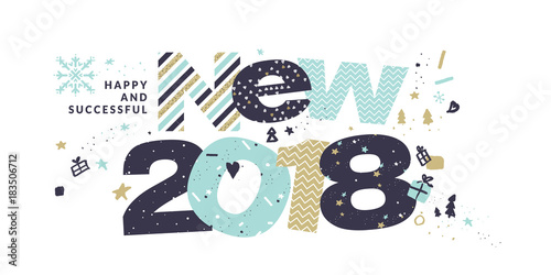 New Year 2018 greeting card. Flat design vector illustration template for greeting cards, website and mobile banners, marketing material.