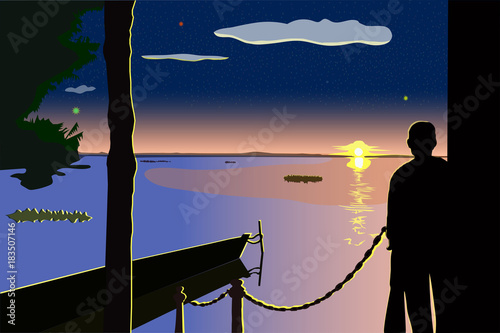pink decline with the boat and the young man looking afar ashore