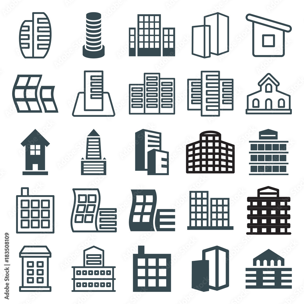 Set of 25 skyscraper filled and outline icons