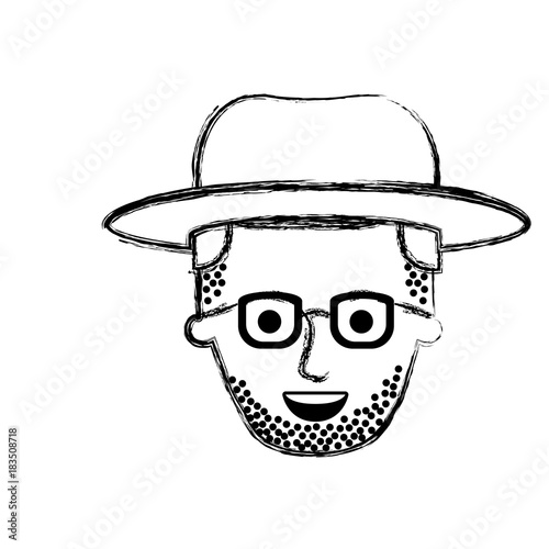male face with hat and glasses and stubble beard and side parted hairstyle in monochrome blurred silhouette vector illustration