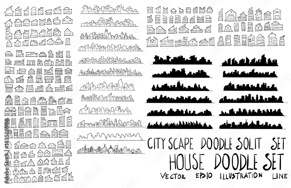 Set of city scape house illustration Hand drawn doodle Sketch line vector eps10