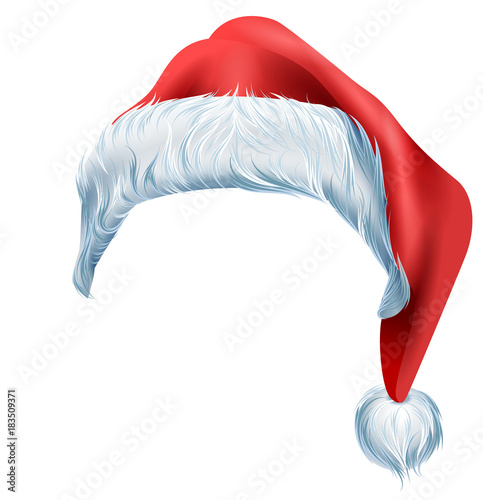 Santa red hat with fluffy edge shaggy fur. Christmas traditional accessory