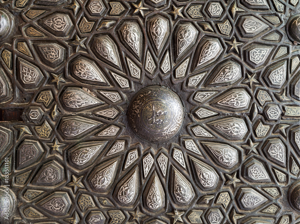 Ornaments of the bronze-plate ornate door of the residence hall of Manial Palace of Prince Mohammed Ali Tewfik, Cairo, Egypt