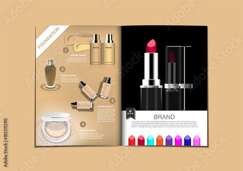 Magazine of beige foundation and press powder with template and lipstick catalog with sample colors on black background. Design for advertisement